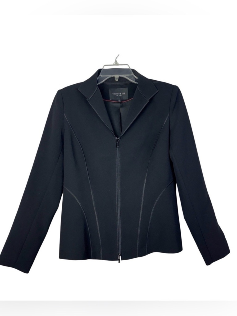 Lafayette 148 NY Black Scuba Knit Front Zip Blazer Jacket Curved Seams Sz 6